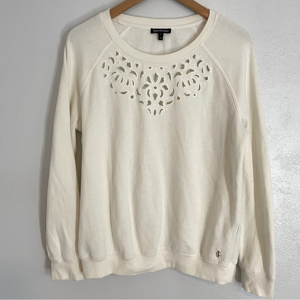 Juicy Couture Ivory Cream Long Sleeve Crewneck Pullover Sweatshirt‎ W/ Cutouts S